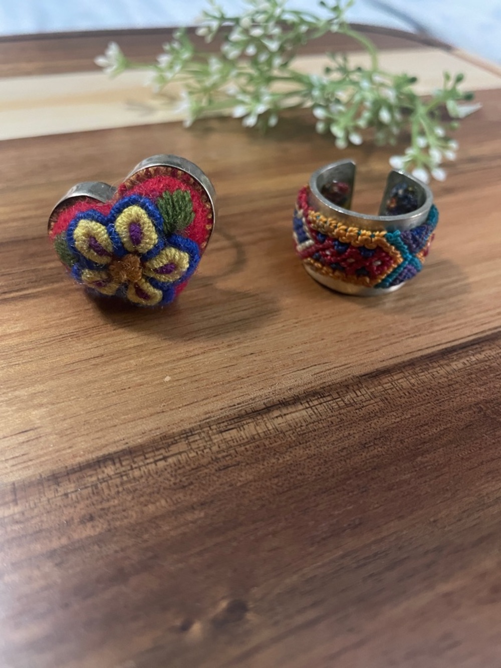 Peruvian Handmade Colorful Embroidered Heart & Band Rings - Red Floral Design